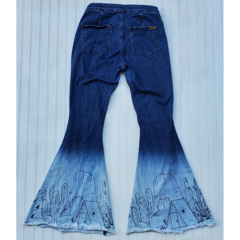 Rock & Roll Denim Ombre Desert Bell Bottom Flare Jeans Blue Cacti Cabin 29x31 - Picture 10 of 10